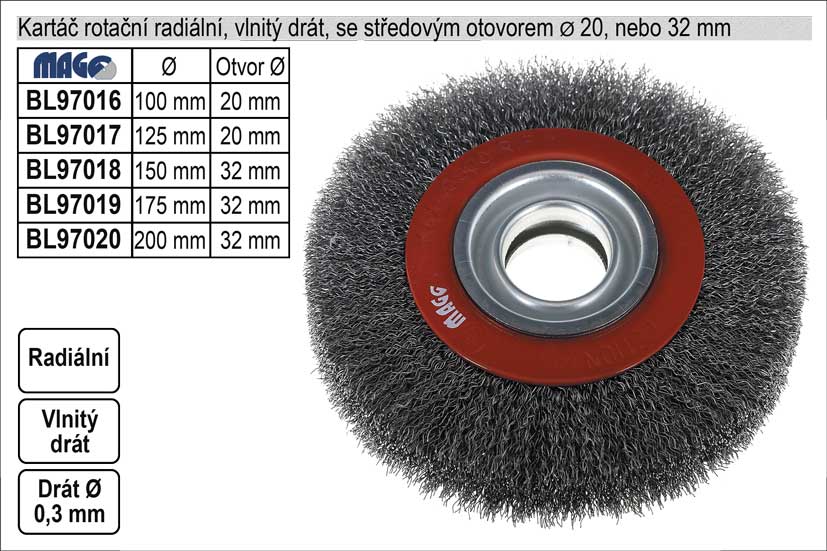 Kartáč rotační radiální 100mm vlnitý drát s otvorem 20mm 0.267 Kg NÁŘADÍ Sklad2 BL97016