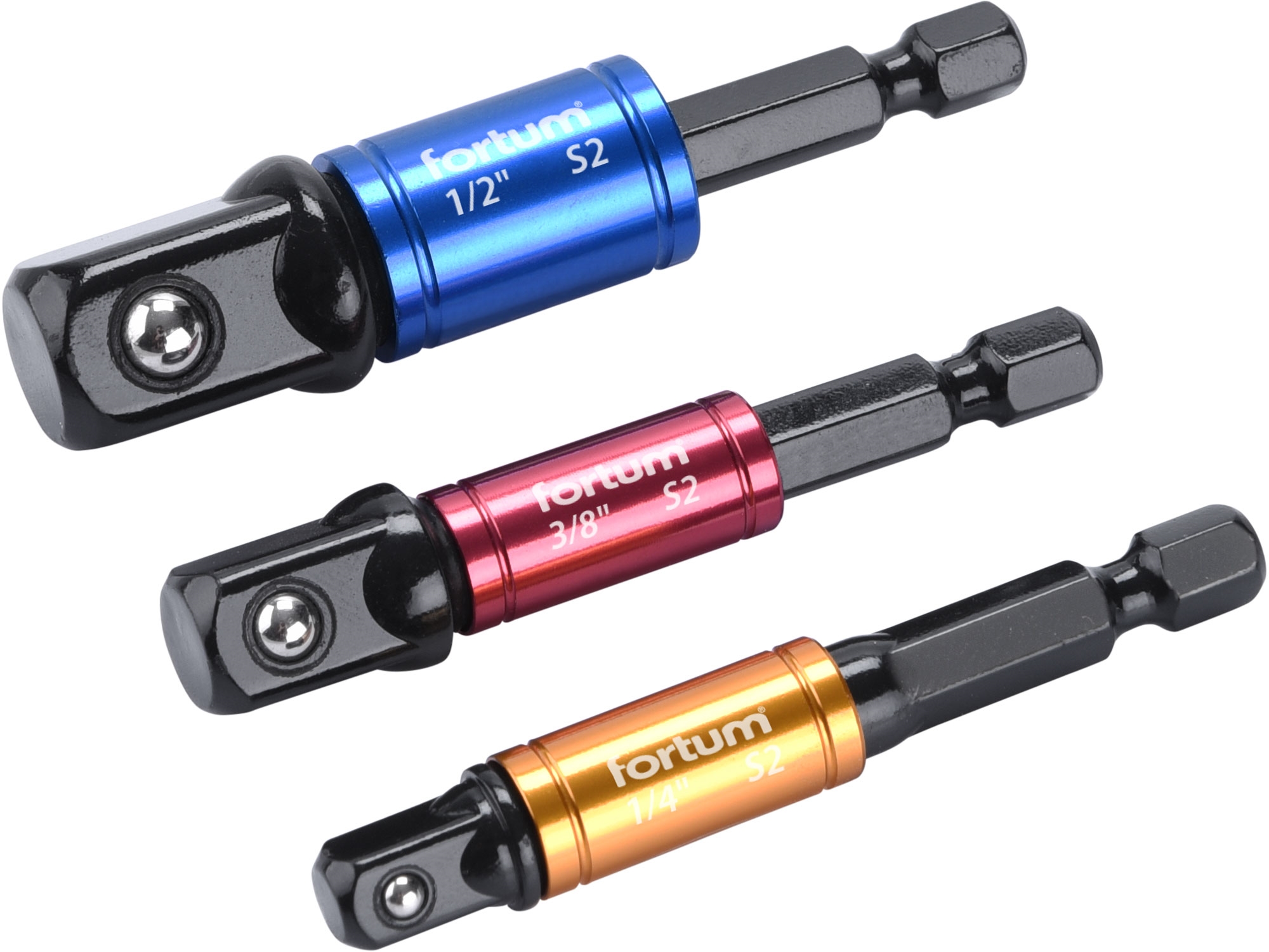 adaptéry do vrtačky, s otočným úchytem 1/4"-3/8"-1/2", 3ks, FORTUM 0.123 Kg NÁŘADÍ Sklad2 MA4742203