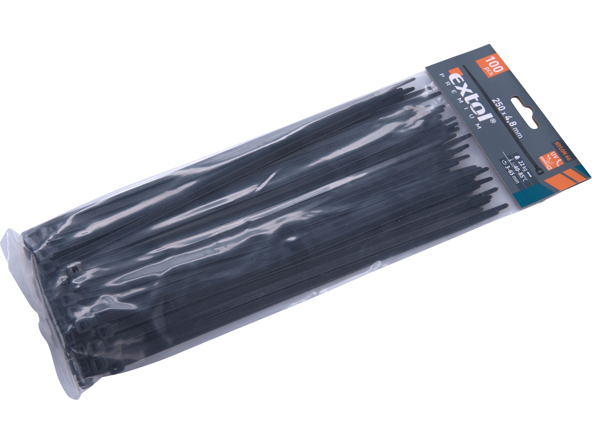 pásky stahovací černé, 250x4,8mm, 100ks, NYLON, EXTOL PREMIUM 0.172 Kg NÁŘADÍ Sklad2 MA8856160