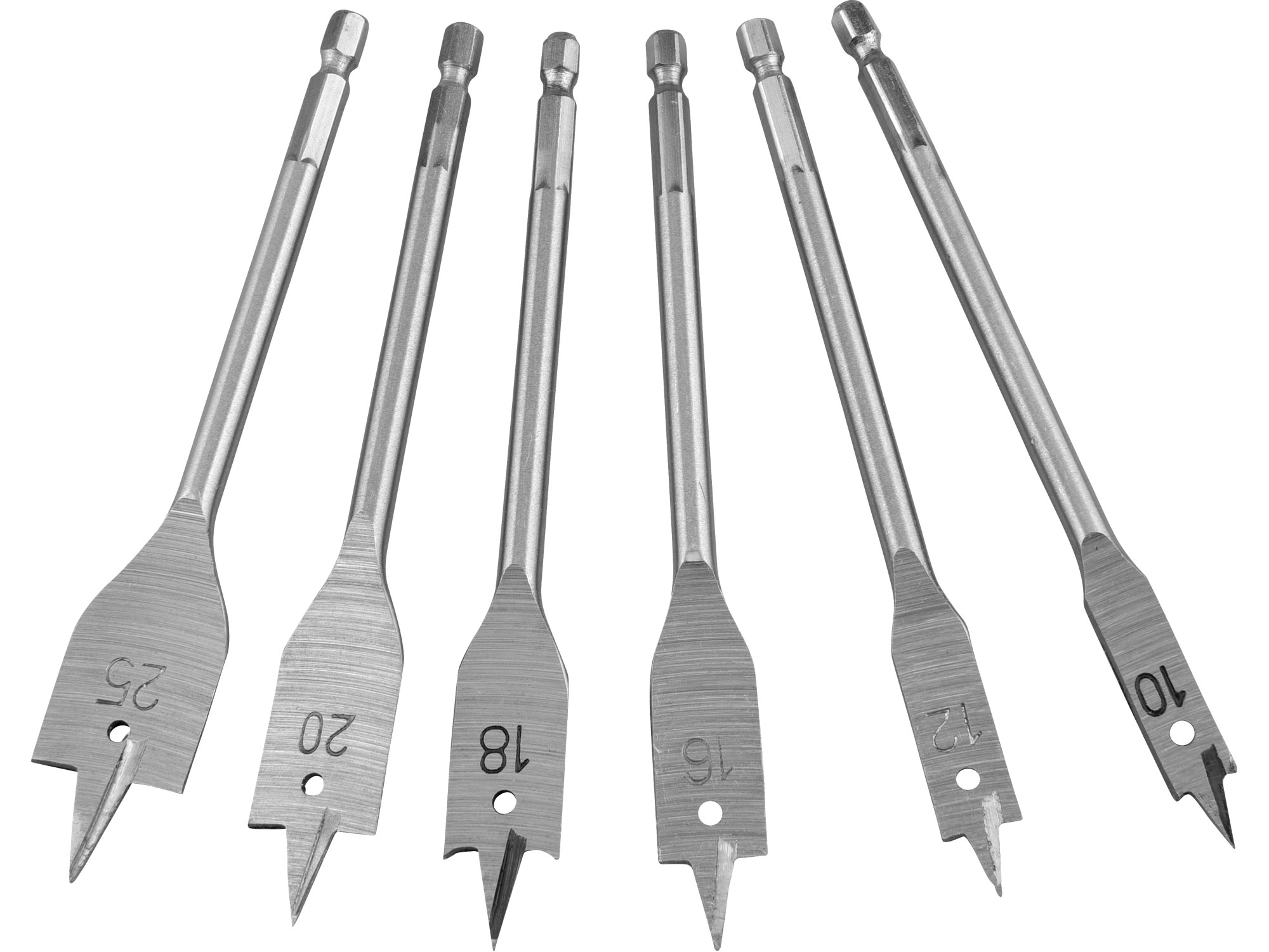 vrtáky ploché do dřeva, sada 6ks, Ř10-12-16-18-20-25mm, délka 150mm, šestihranná stopka, 0.244 Kg NÁŘADÍ Sklad2 MA1170