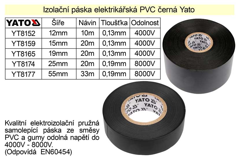 Izolační páska elektrikářská PVC šíře 19mm délka 20m černá Yato 0.076 Kg NÁŘADÍ Sklad2 YT-8165 20