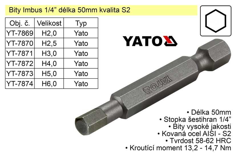 Bit Imbus H2x50mm 1/4' Yato 0.575 Kg NÁŘADÍ Sklad2 YT-7869 4