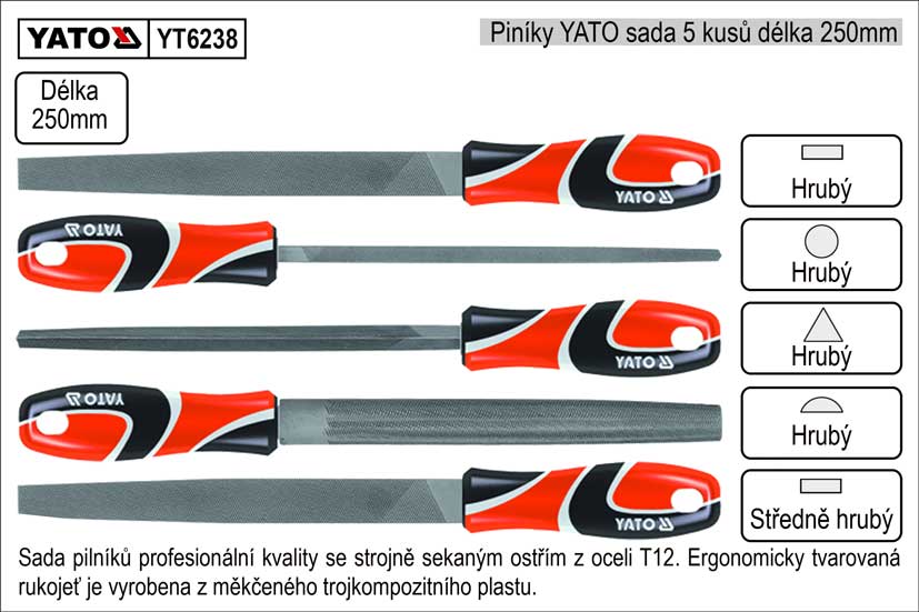 Pilníky  YATO délka 250mm sada 5 kusů 1.65 Kg NÁŘADÍ Sklad2 YT-6238 1