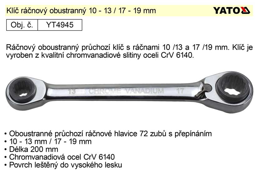 Klíč ráčnový obustranný 10 - 13 / 17 - 19 mm Yato 0.27 Kg NÁŘADÍ Sklad2 YT-4945