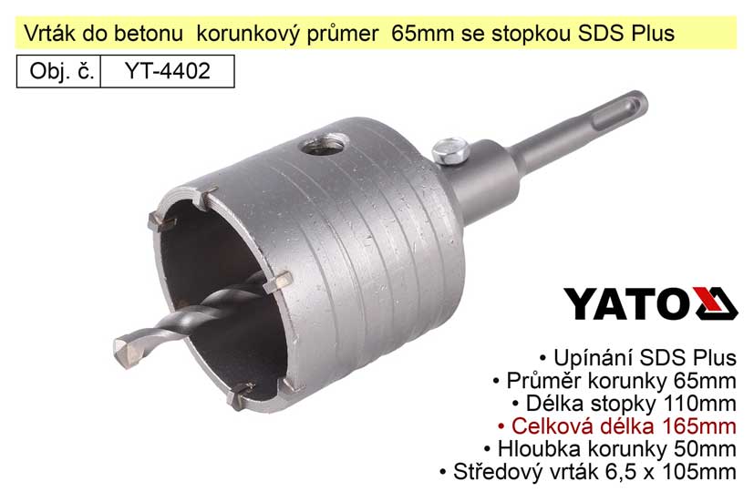 Vrták do betonu  korunkový průmer 65mm se stopkou SDS Plus 0.696 Kg NÁŘADÍ Sklad2 YT-4402 1