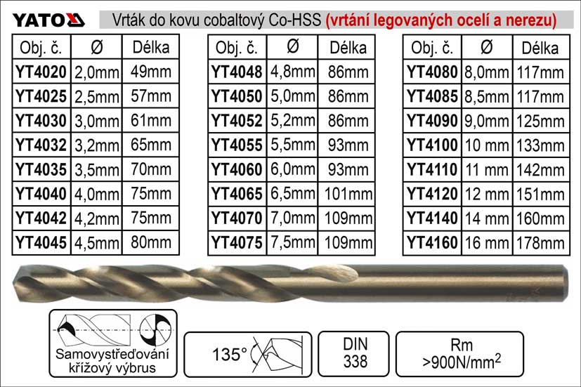 Vrták do kovu HSS-Co cobaltový 14,0 mm, balení 1 kus 0.145 Kg NÁŘADÍ Sklad2 YT-4140 1