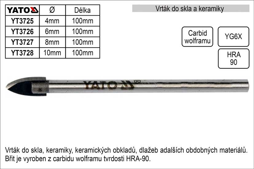 Vrták do skla a keramiky průměr  6mm Yato 0.016 Kg NÁŘADÍ Sklad2 YT-3726