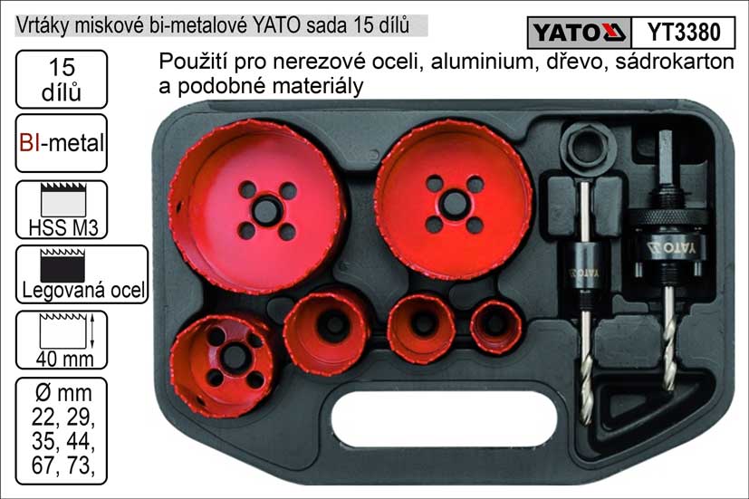 Vrtáky YATO vyřezávací bimetalové miskové sada  8 dílů 22-73mm 1.35 Kg NÁŘADÍ Sklad2 YT-3380