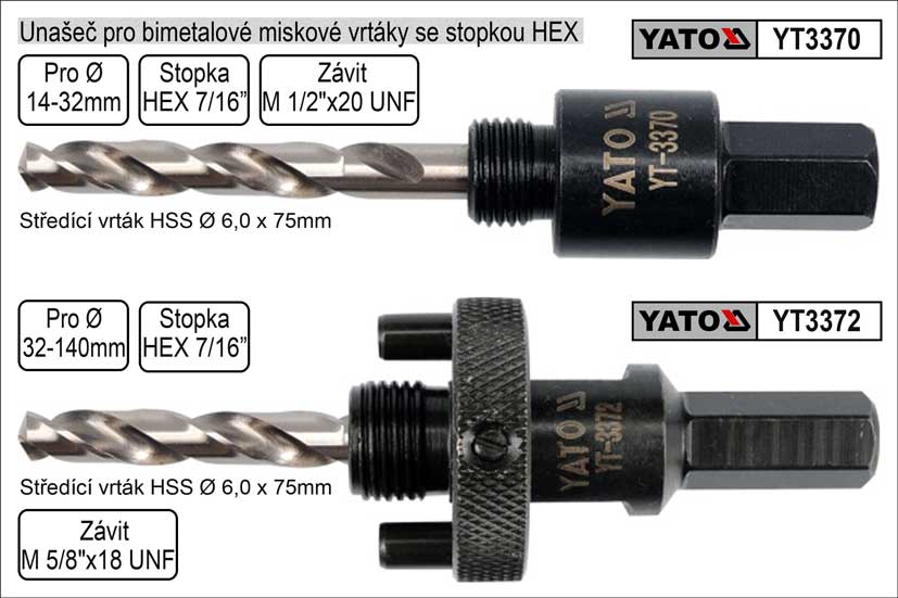 Unašeč pro bimetalové vrtáky 32-200mm se stopkou HEX 11mm YATO YT-3372, 5/8" 16mm 0.17 Kg NÁŘADÍ Sklad2 YT-3372 3