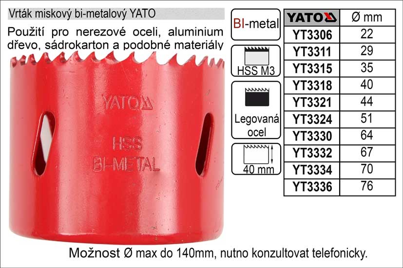 Pilový vrták do kovu korunkový bimetalový vyřezávací 44mm YATO 0.1 Kg NÁŘADÍ Sklad2 YT-3321 2