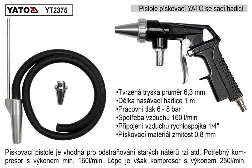 Pistole pískovací se sací hadicí YATO 1.2 Kg NÁŘADÍ Sklad2 YT-2375
