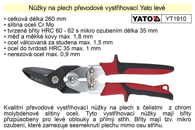 Nůžky na plech převodové  Yato levé 260 mm 0.597 Kg NÁŘADÍ Sklad2 YT-1910
