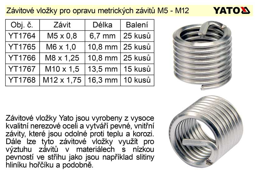 Závitová vložka M12 x 1,75 balení 10 kusů 0.055 Kg NÁŘADÍ Sklad2 YT-1768
