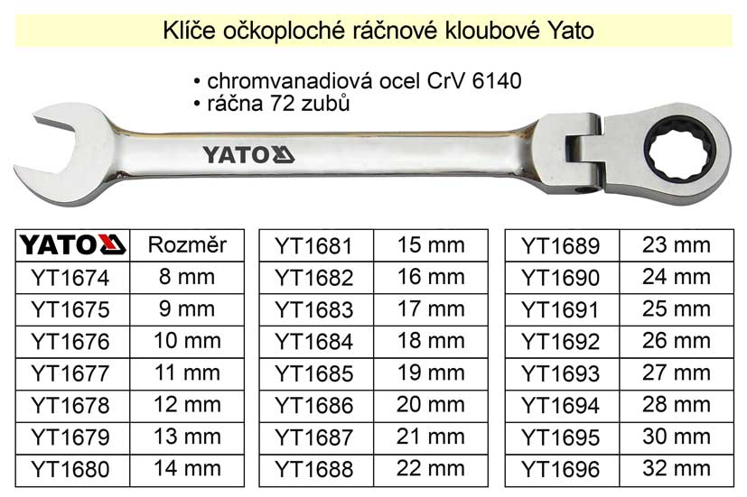YATO Ráčnový klíč očkoplochý s kloubem 19mm 0.325 Kg NÁŘADÍ Sklad2 YT-1685 1
