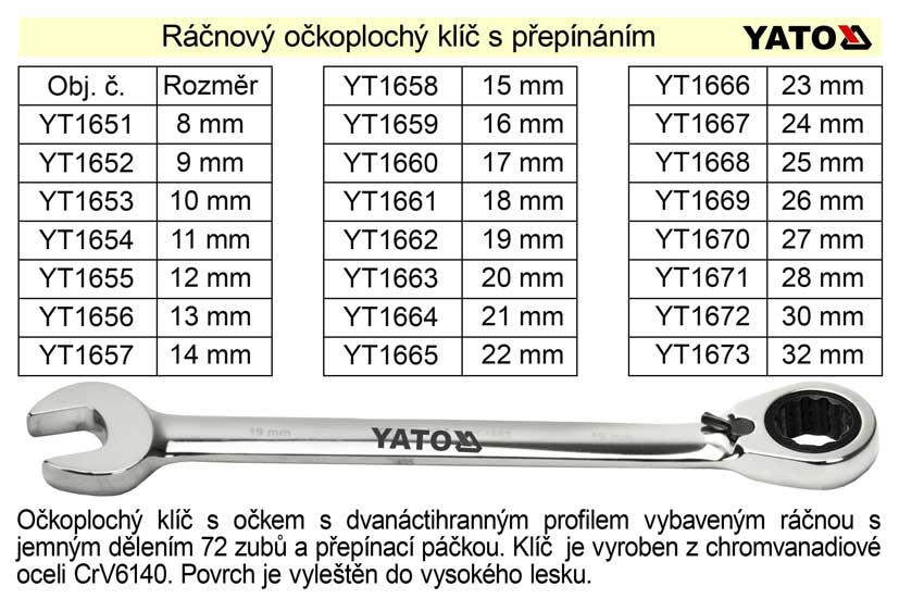 YATO Ráčnový klíč očkoplochý s přepínáním 18mm 0.27 Kg NÁŘADÍ Sklad2 YT-1661 1