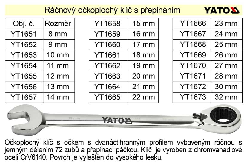 YATO Ráčnový klíč očkoplochý s přepínáním 13mm 0.145 Kg NÁŘADÍ Sklad2 YT-1656