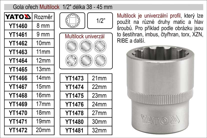 Gola ořech Multilock 20mm 1/2" 0.075 Kg NÁŘADÍ Sklad2 YT-1472