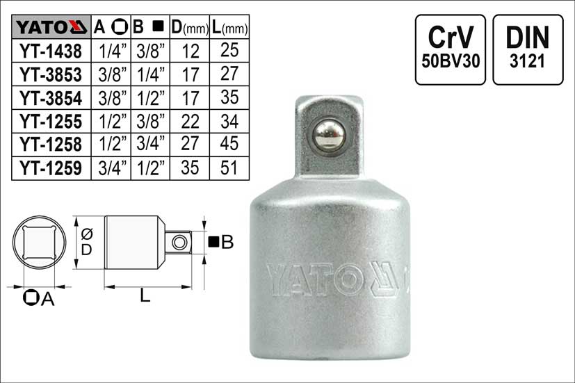 Redukce YATO  vnější čtyřhran  3/8" - vnitřní čtyřhran 1/4" 0.021 Kg NÁŘADÍ Sklad2 YT-1438 1