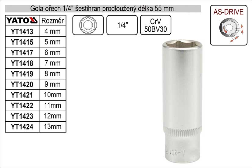 Gola ořech šestihran  1/4" prodloužený 12mm 0.049 Kg NÁŘADÍ Sklad2 YT-1423