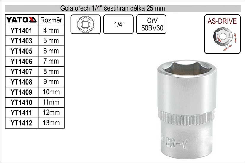 Gola ořech šestihran  1/4"  6mm 0.013 Kg NÁŘADÍ Sklad2 YT-1405