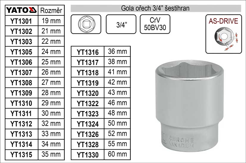 Gola ořech šestihran  48mm 3/4" 0.708 Kg NÁŘADÍ Sklad2 YT-1323