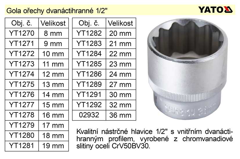 Gola ořech dvanáctihran 22mm 1/2" 0.093 Kg NÁŘADÍ Sklad2 YT-1284