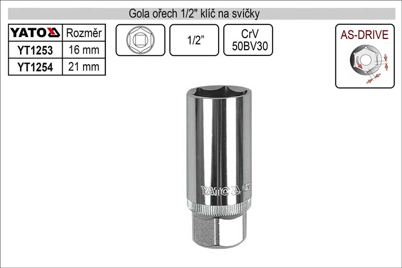 Gola ořech šestihran klíč na svíčky 21mm 1/2" 0.143 Kg NÁŘADÍ Sklad2 YT-1254 1