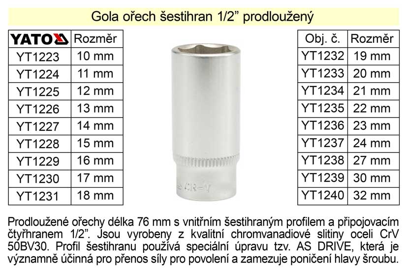 Gola ořech šestihran 1/2"  prodloužený 32mm 0.396 Kg NÁŘADÍ Sklad2 YT-1240 3