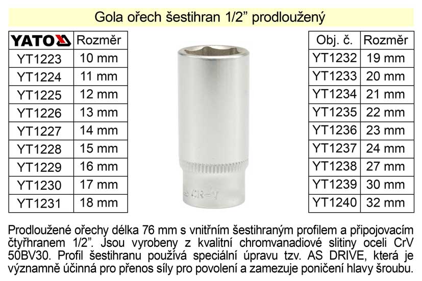 Gola ořech šestihran 1/2"  prodloužený 23mm 0.229 Kg NÁŘADÍ Sklad2 YT-1236