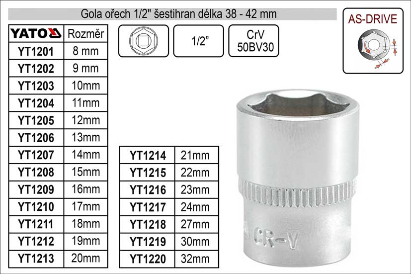 Gola ořech šestihran 1/2"  20mm 0.085 Kg NÁŘADÍ Sklad2 YT-1213 2