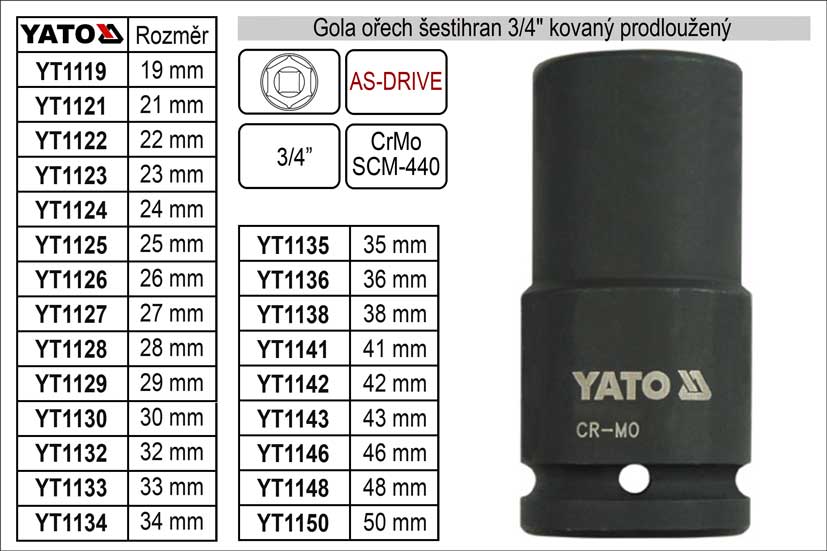 Gola ořech šestihran 3/4" kovaný prodloužený 36mm 0.875 Kg NÁŘADÍ Sklad2 YT-1136