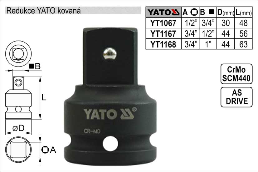 Redukce YATO kovaná vnější čtyřhran  3/4"- vnitřní čtyřhran 1/2" 0.166 Kg NÁŘADÍ Sklad2 YT-1067