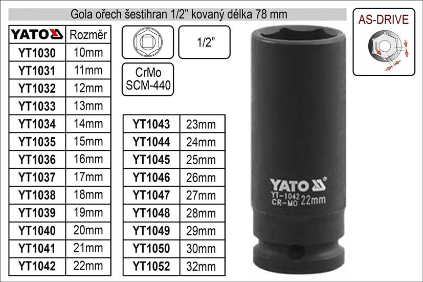 Gola ořech šestihran 1/2" kovaný prodloužený 30mm 0.425 Kg NÁŘADÍ Sklad2 YT-1050 2