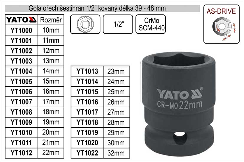 Gola ořech šestihran 1/2" kovaný 10mm 0.072 Kg NÁŘADÍ Sklad2 YT-1000