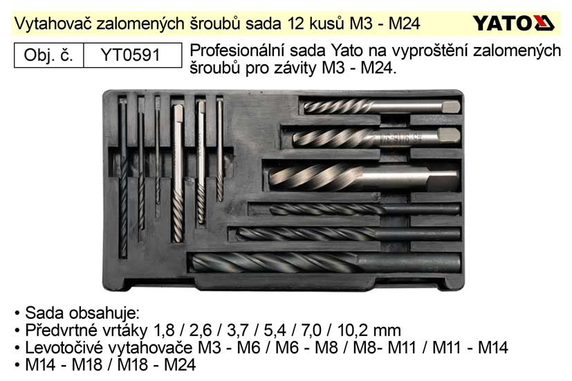 Vytahovač zalomených šroubů sada 12 kusů 3 - 24 mm Yato 0.475 Kg NÁŘADÍ Sklad2 YT-0591