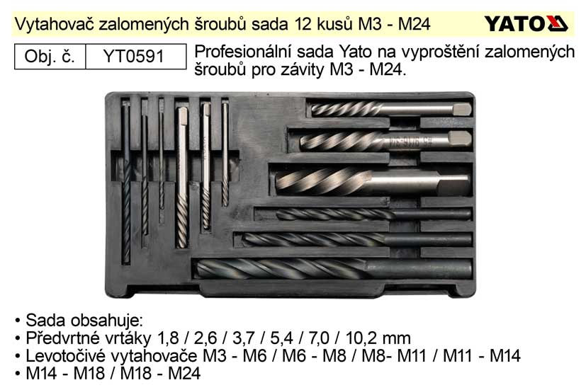 Vytahovač zalomených šroubů sada 12 kusů 3 - 24 mm Yato 0.475 Kg NÁŘADÍ Sklad2 YT-0591 1