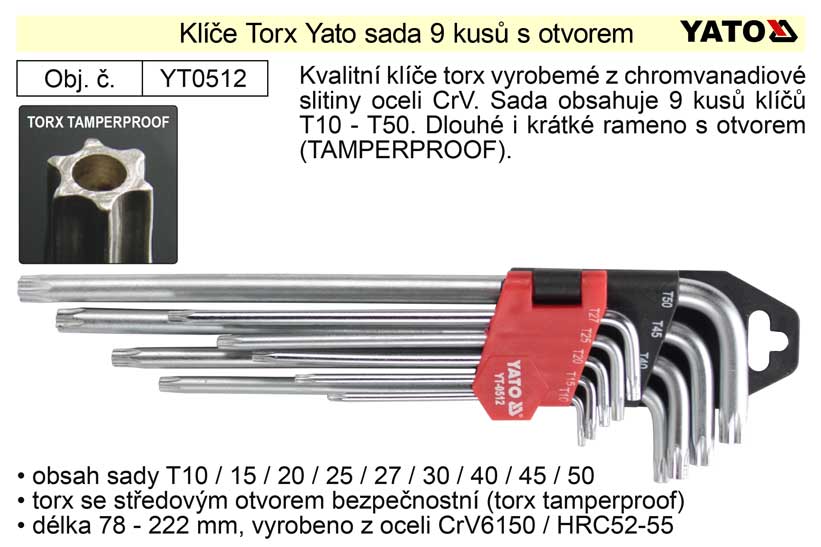 Klíče torx Yato zahnuté sada 9 kusů délka 90-200mm 0.458 Kg NÁŘADÍ Sklad2 YT-0512