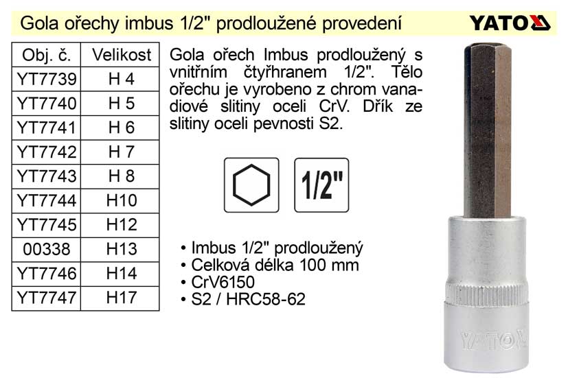 Gola ořech imbus 1/2" prodloužený H14 YT-7746 0.192 Kg NÁŘADÍ Sklad2 YT-04397 2