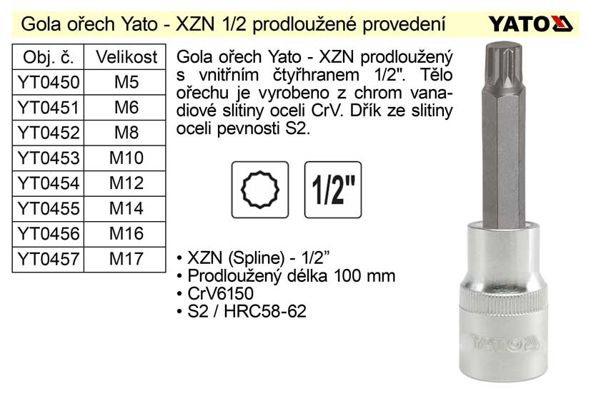 Gola ořech XZN M16 prodloužený 1/2" YT-0456 0.217 Kg NÁŘADÍ Sklad2 YT-04356