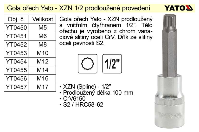 Gola ořech XZN M12 prodloužený 1/2" YT-0454 0.142 Kg NÁŘADÍ Sklad2 YT-04354 6
