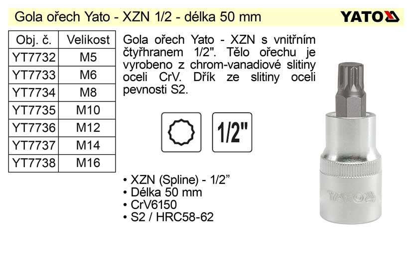 Gola ořech XZN M16 1/2" YT-7738 0.131 Kg NÁŘADÍ Sklad2 YT-04346 4