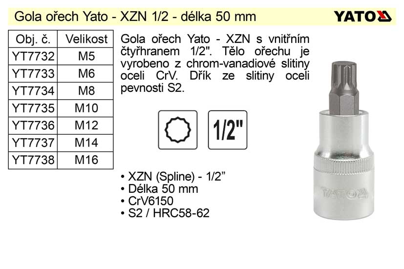 Gola ořech XZN  M8 1/2" YT-7734 0.077 Kg NÁŘADÍ Sklad2 YT-04342