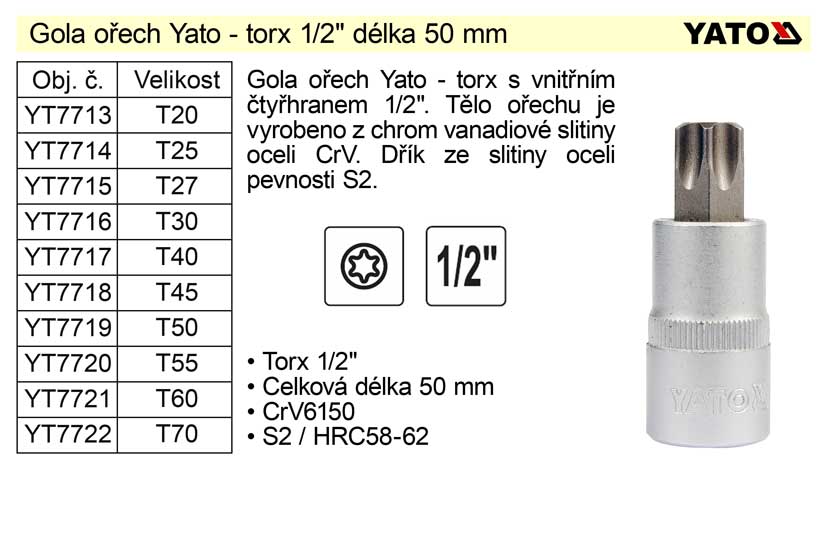 Gola ořech torx 1/2"  T60 YT-7721 0.097 Kg NÁŘADÍ Sklad2 YT-04318