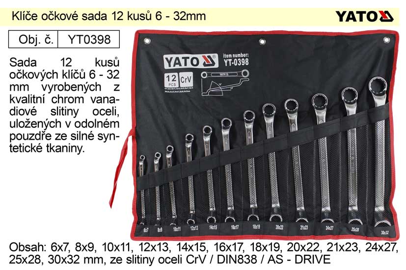 Klíče očkové sada 12 kusů 6-32mm CrV Yato 3.5 Kg NÁŘADÍ Sklad2 YT-0398