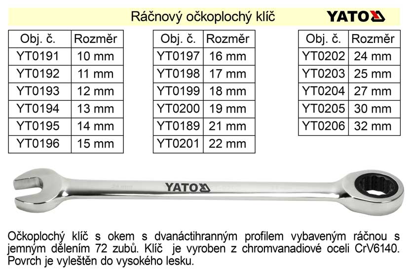 YATO Ráčnový klíč očkoplochý 14mm 0.16 Kg NÁŘADÍ Sklad2 YT-0195