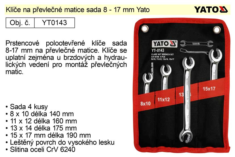 Klíče na převlečné matice sada 8 - 17 mm Yato 0.49 Kg NÁŘADÍ Sklad2 YT-0143 2