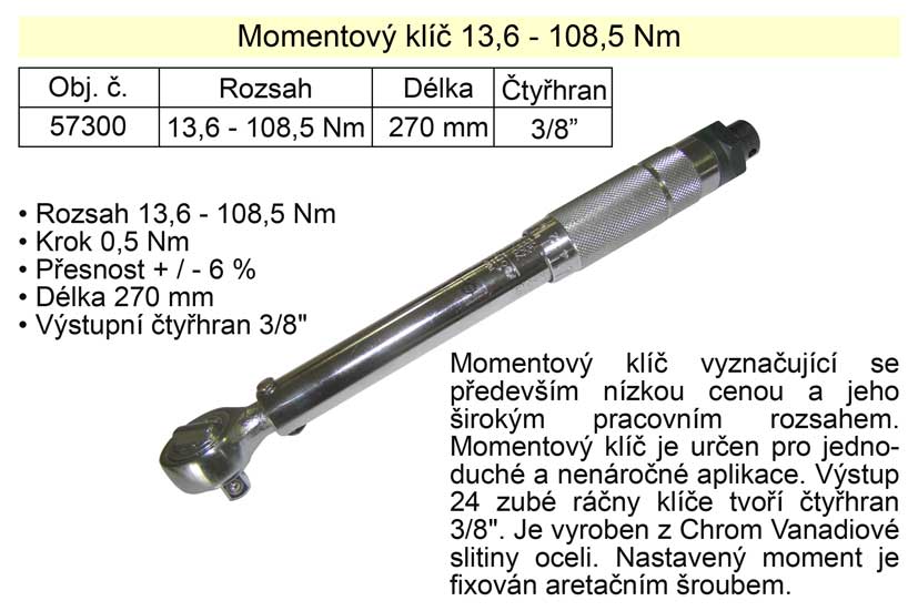 Momentový klíč ohybový  13,6 - 108,5 Nm 3/8"" 0.875 Kg NÁŘADÍ Sklad2 TO-57300