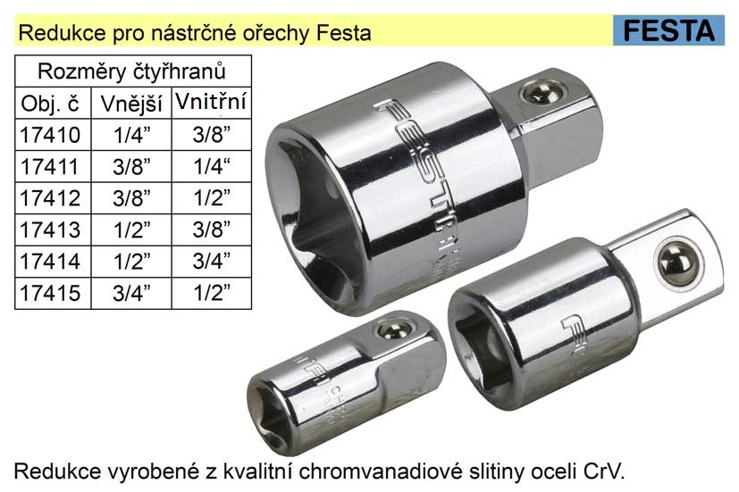 Redukce Festa rozměr vnější 3/8"_ vnitřní  1/4" 0.016 Kg NÁŘADÍ Sklad2 17411 5