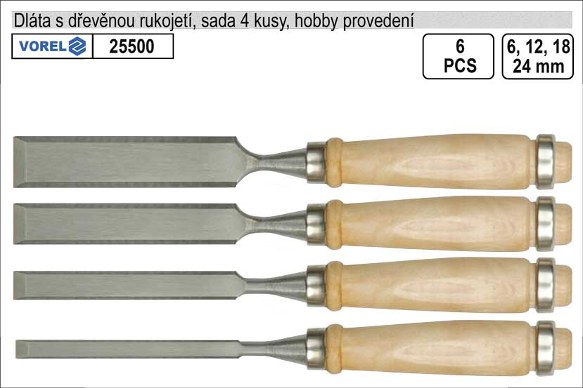 Dláta VOREL s dřevěnou rukojetí sada 4 kusy 0.338 Kg NÁŘADÍ Sklad2 TO-25500