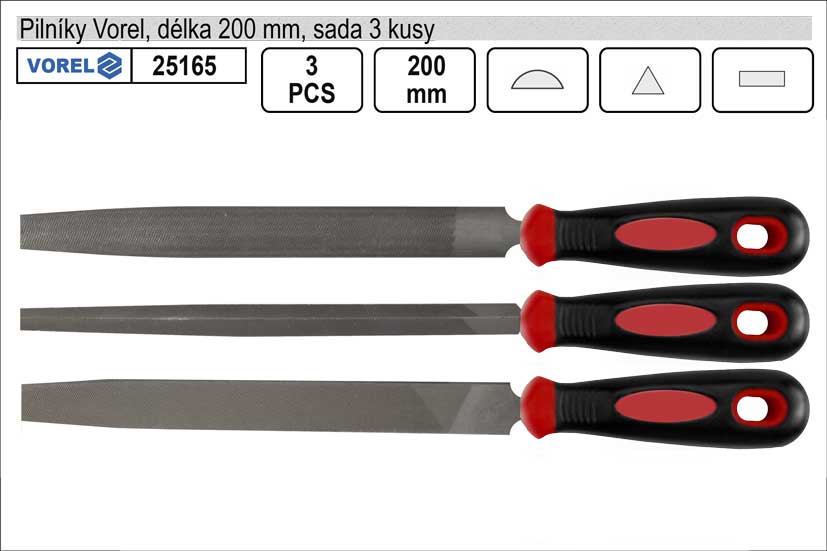 Pilníky VOREL délka 200mm sada 3 kusy 0.5 Kg NÁŘADÍ Sklad2 TO-25165 2